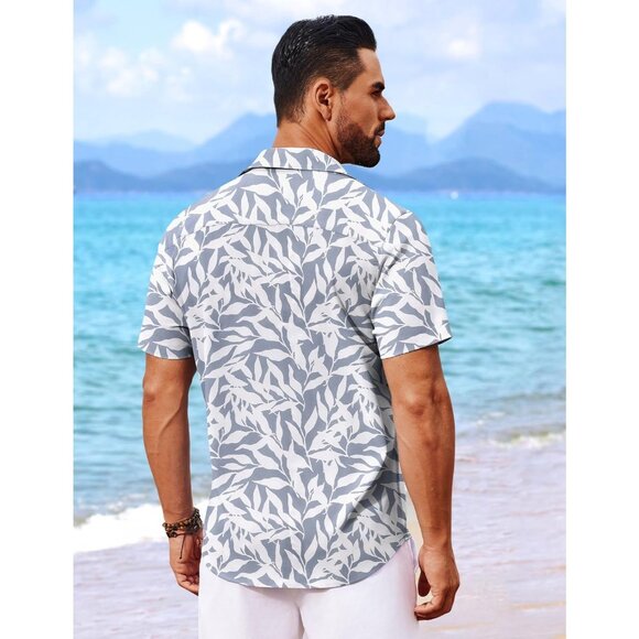 Mens Lite Gray Hawaiian Shirt Short Sleeve Button Down Tropical Floral Beachwear - Picture 4 of 6